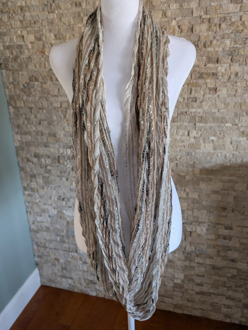 Metallic Multi-Tone Chevron Pleat Infinity Scarf Beige Brown & Silver Knit Sheer